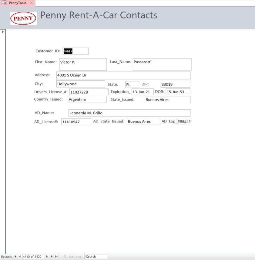 Penny Rent A Car Input Form